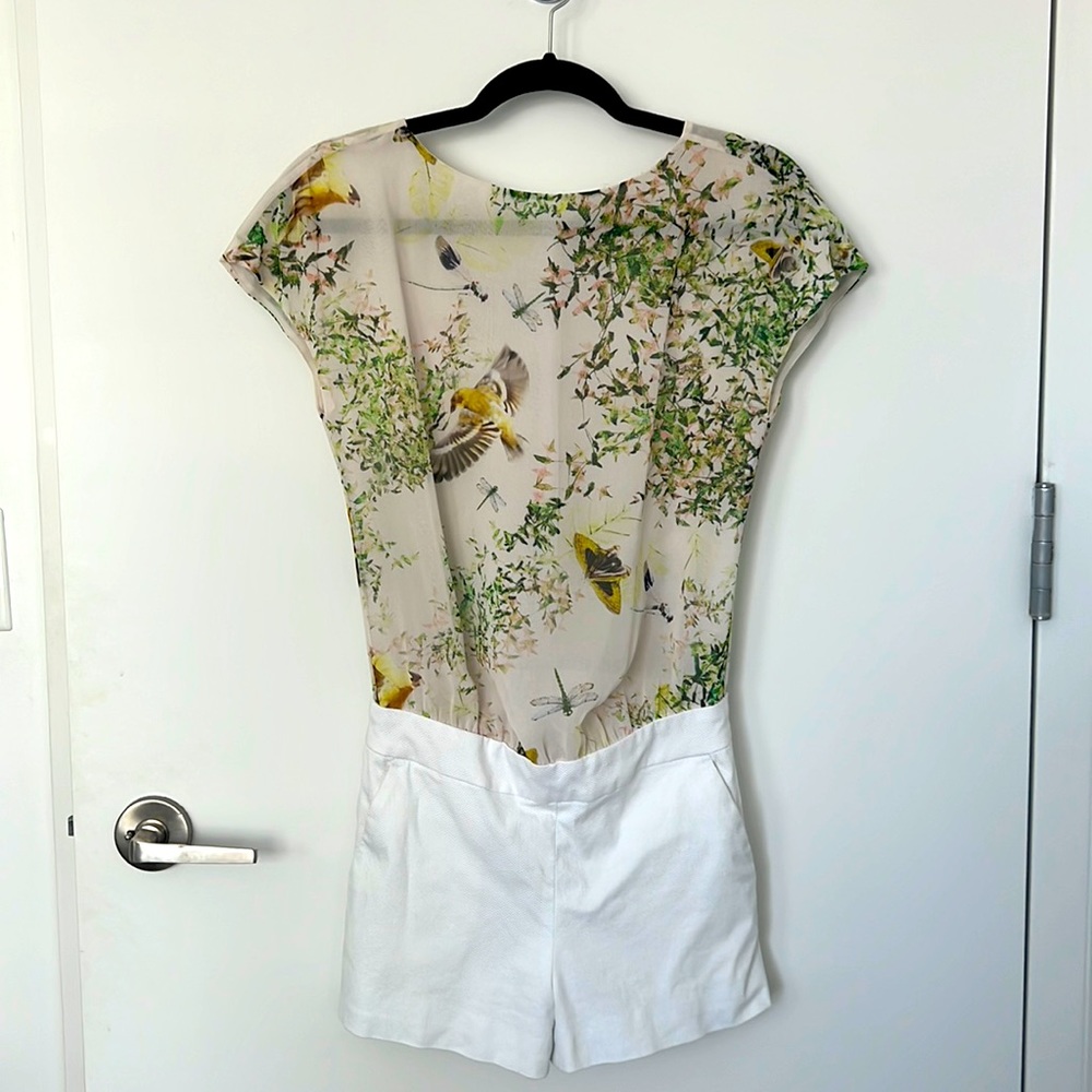 Jumpsuit mixed between chiffon floral and bird print detail with white shorts